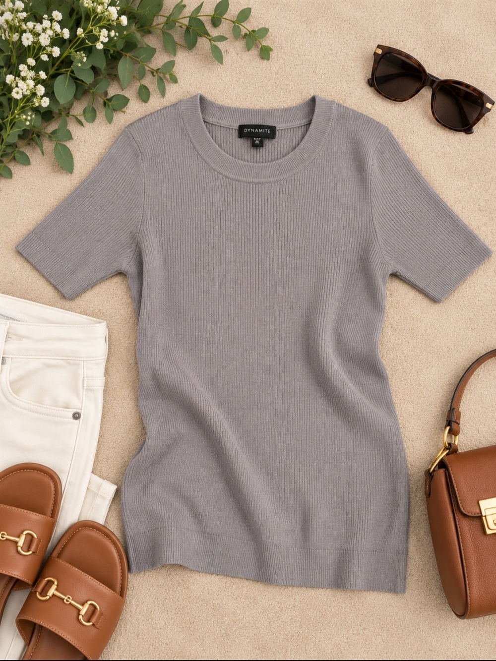 Dynamite Light Gray Ribbed Short-Sleeve Tee - Picture 2 of 3